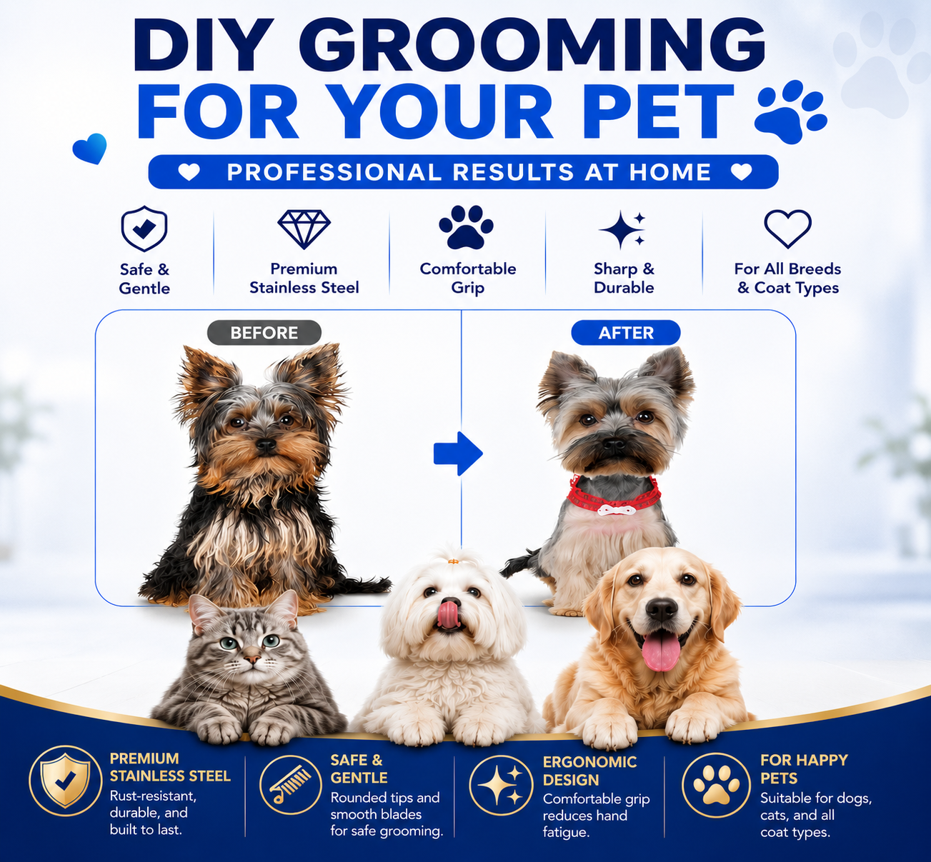 4 Piece Pet Grooming Scissors Set Stainless Steel Dog Cat Trimming Shears with Safety Round Tips and Comb
