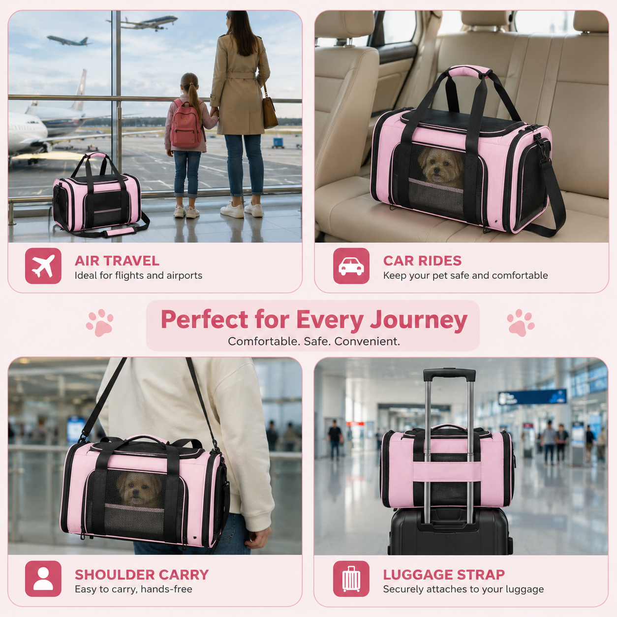 Soft Pet Carrier Bag for Cats and Dogs with Travel Mat Foldable Portable Design - Pink