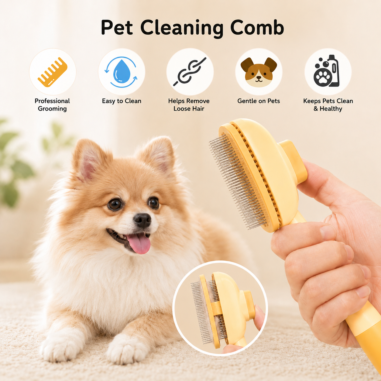 One Button Pet Grooming Brush Dog Cat Deshedding Comb with Self Cleaning Design - Yellow Orange