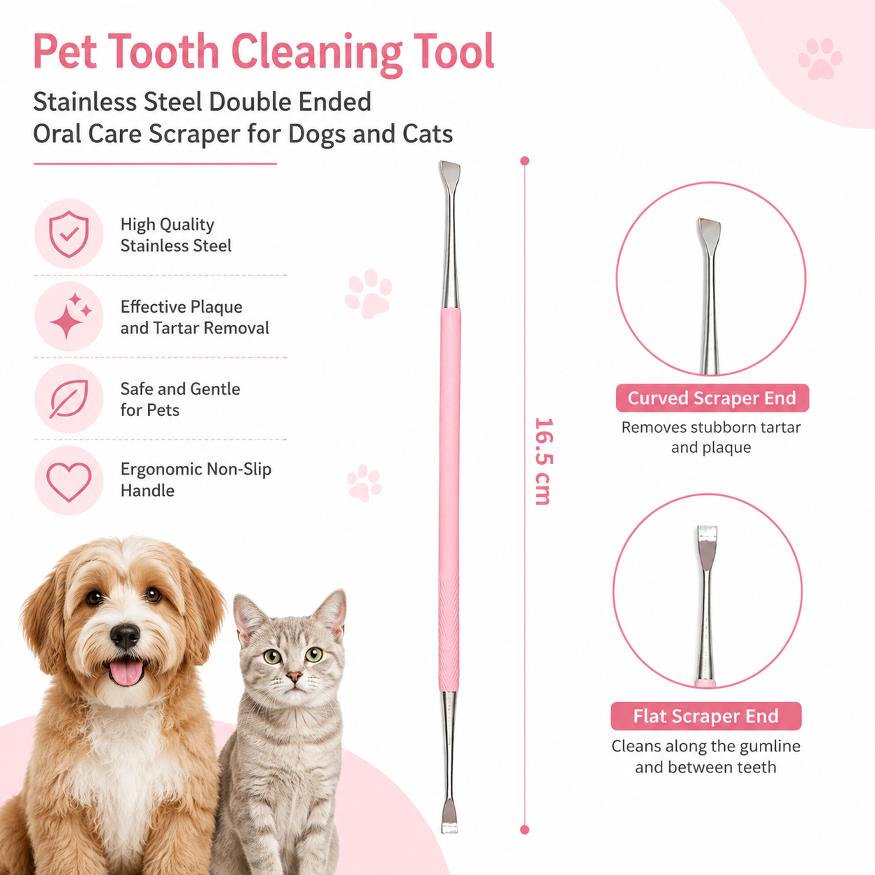 Pet Tooth Cleaning Tool Stainless Steel Double Ended Oral Care Scraper for Dogs and Cats