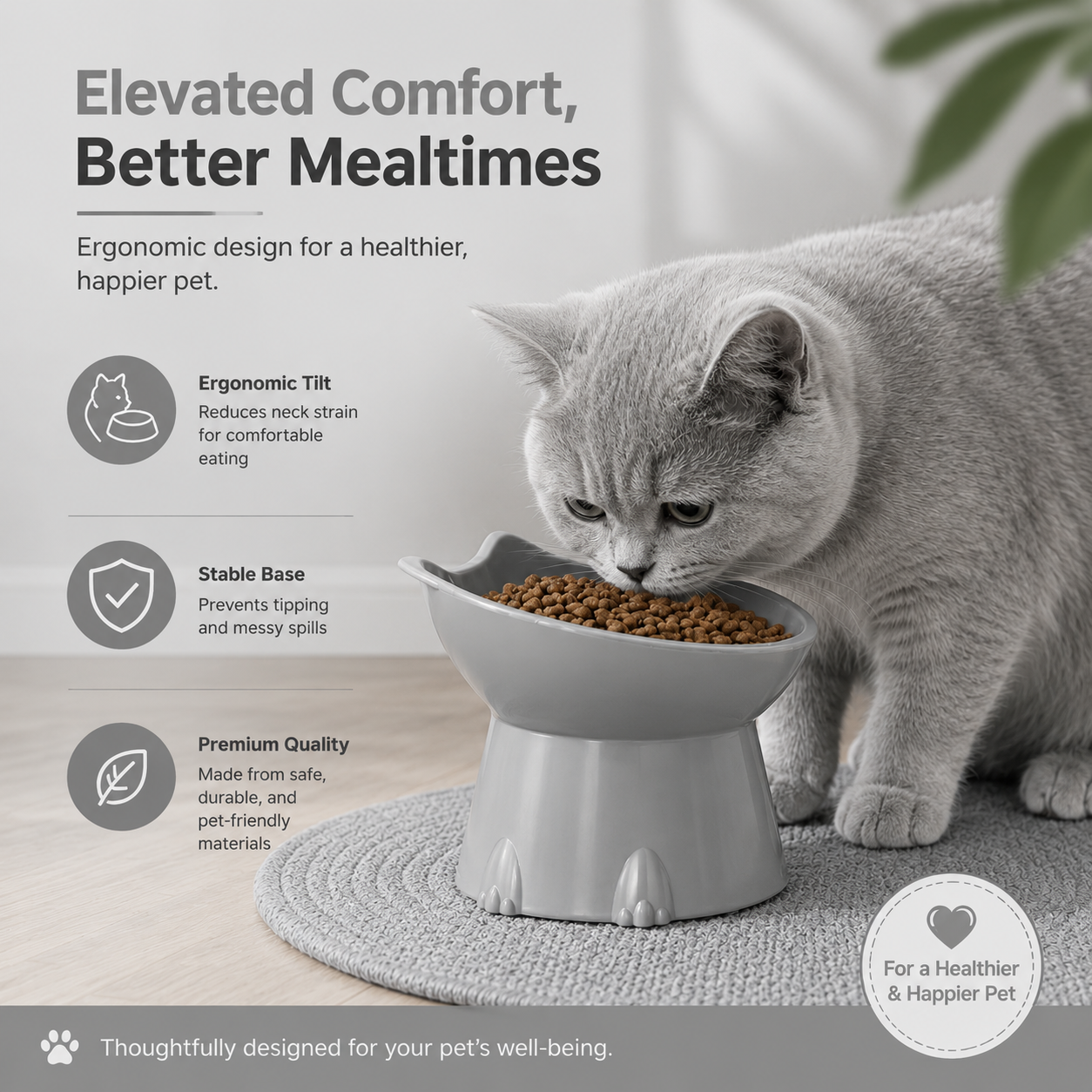 Raised Cat Feeding Bowl Tilted Pet Food and Water Dish Anti Tip Design - Grey