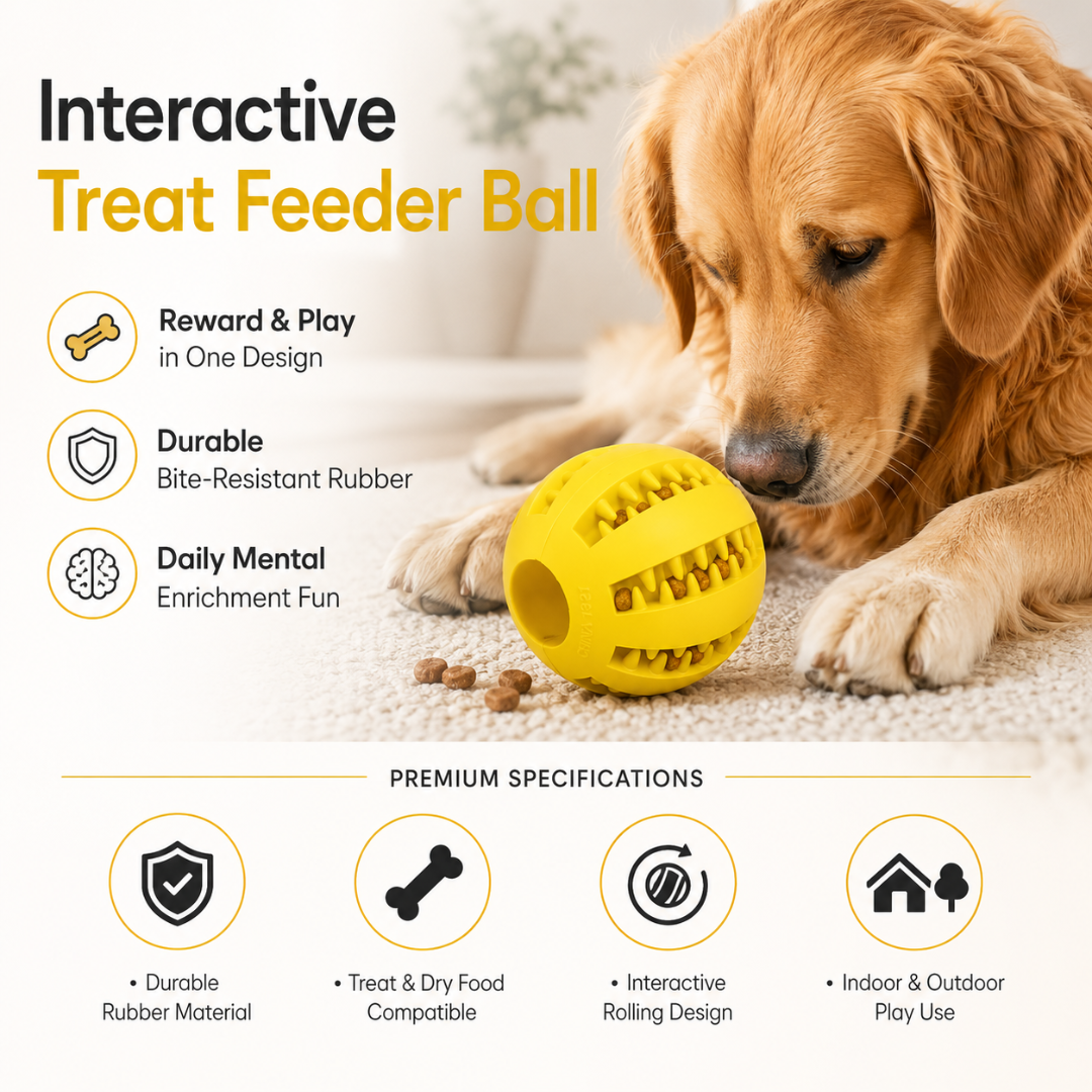 Bite Resistant Dog Treat Ball Interactive Food Dispensing Chew Toy for Dogs and Puppies - Yellow
