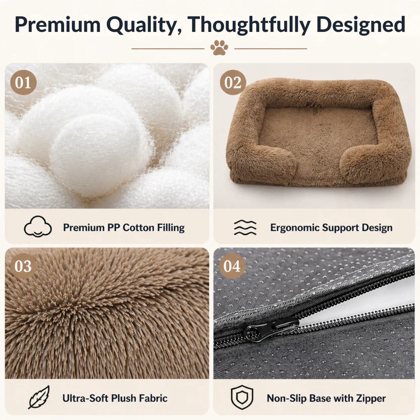 Square Pet Cushion Bed Thick Plush Sofa Style Mat for Indoor Cats and Dogs - Khaki