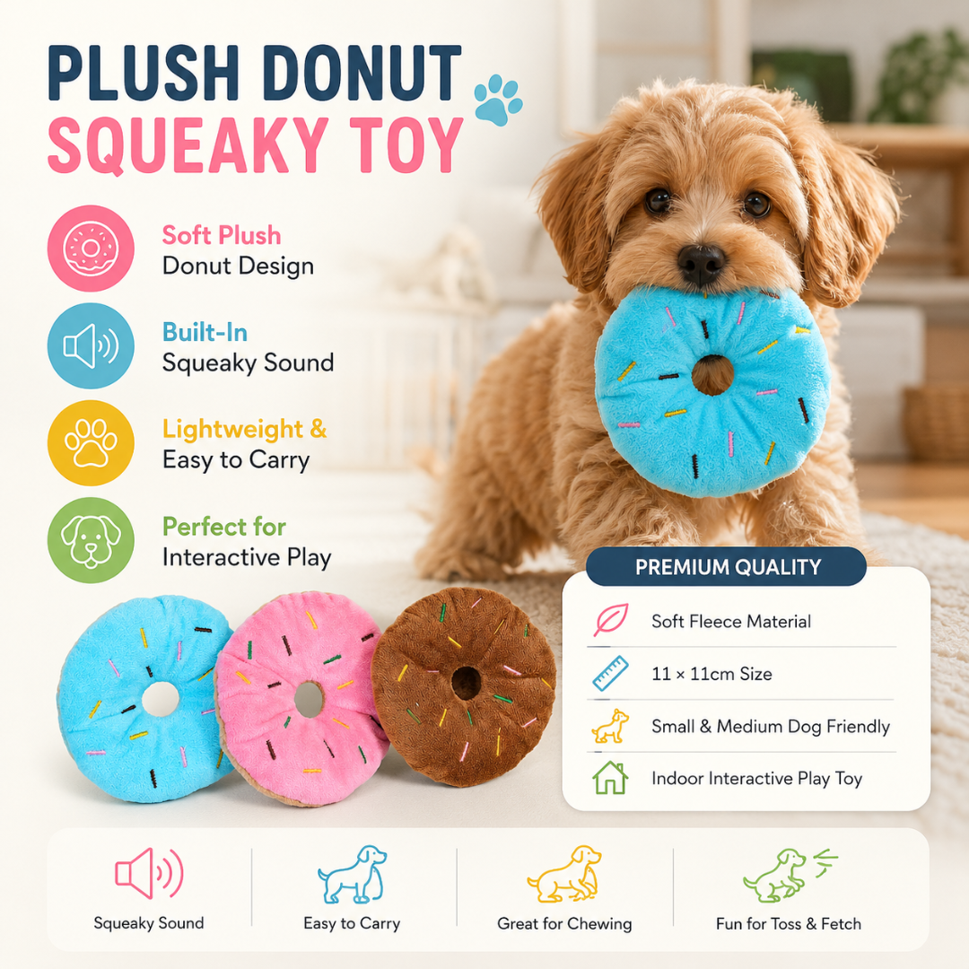 Plush Donut Dog Toy with Squeaky Sound Interactive Chew Toy for Small and Medium Dogs