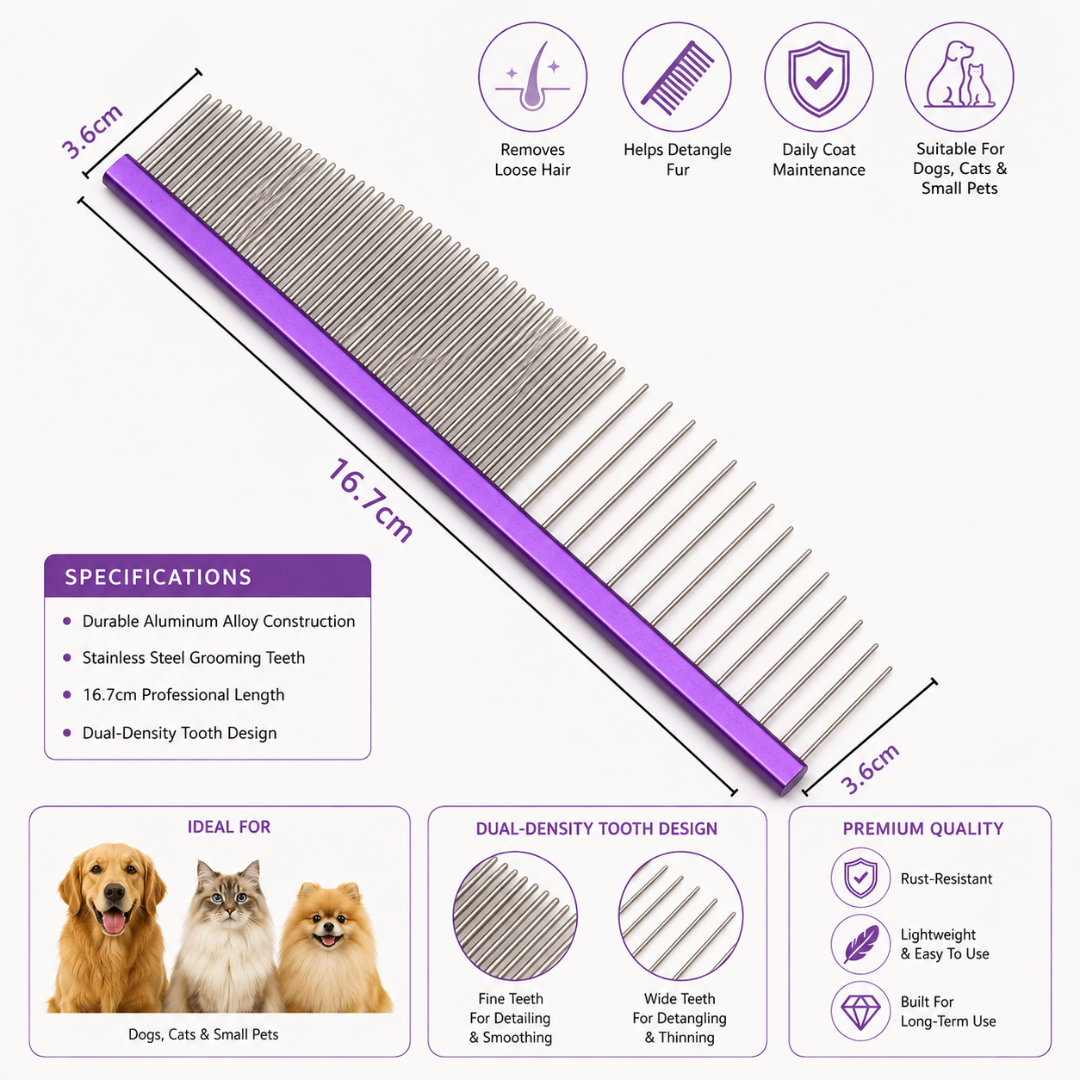 Professional Pet Grooming Comb with Aluminum Alloy Handle and Stainless Steel Teeth - Purple