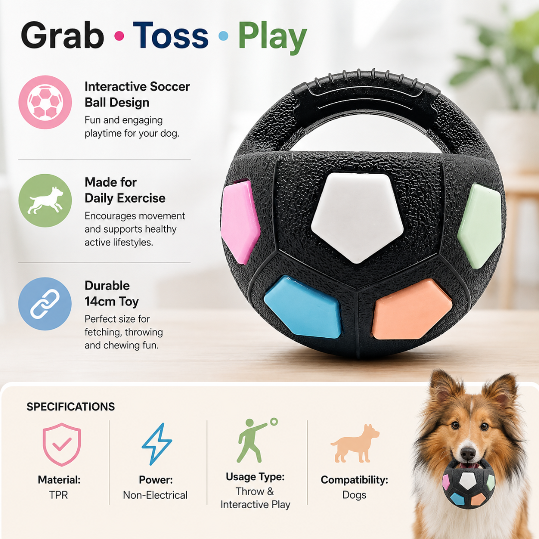 Interactive Soccer Ball Dog Toy with Handle Durable Throw and Fetch Toy - Black
