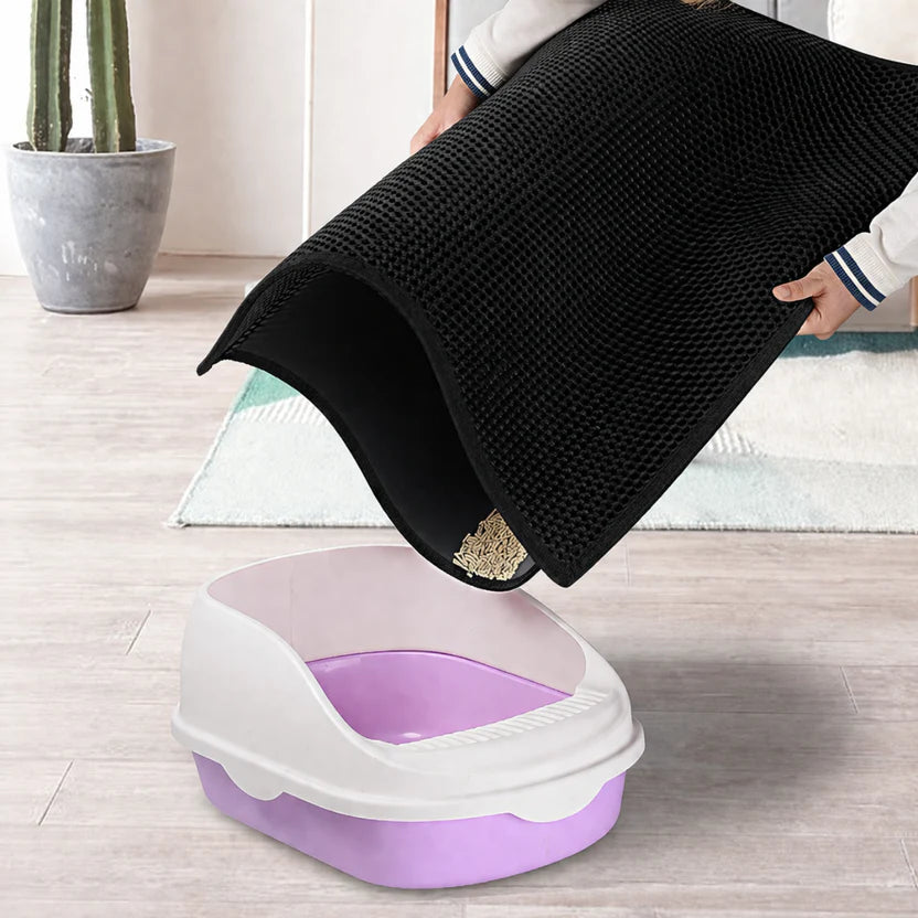 Double Layer Cat Litter Pad Waterproof Non Slip Pet Mat Easy Clean - Black