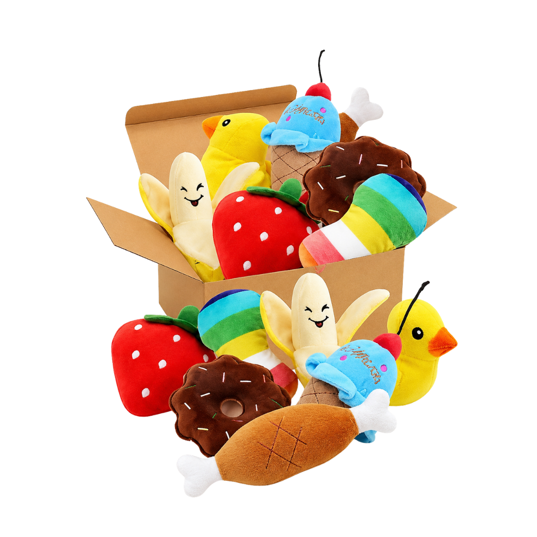 7-Piece Plush Puppy Toy Set with Squeaky Fruit and Vegetable Designs