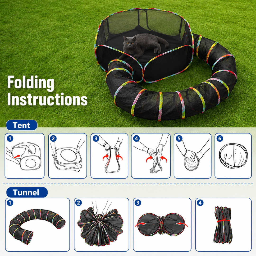 Foldable Cat Enclosure Play Tent with Mesh Tunnel for Outdoor and Indoor Use