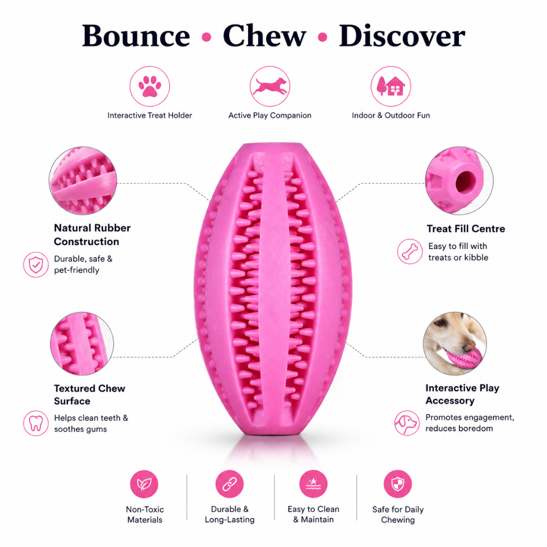Interactive Natural Rubber Snack Ball Dog Chew Toy with Treat Holder and Bouncy Design - Pink
