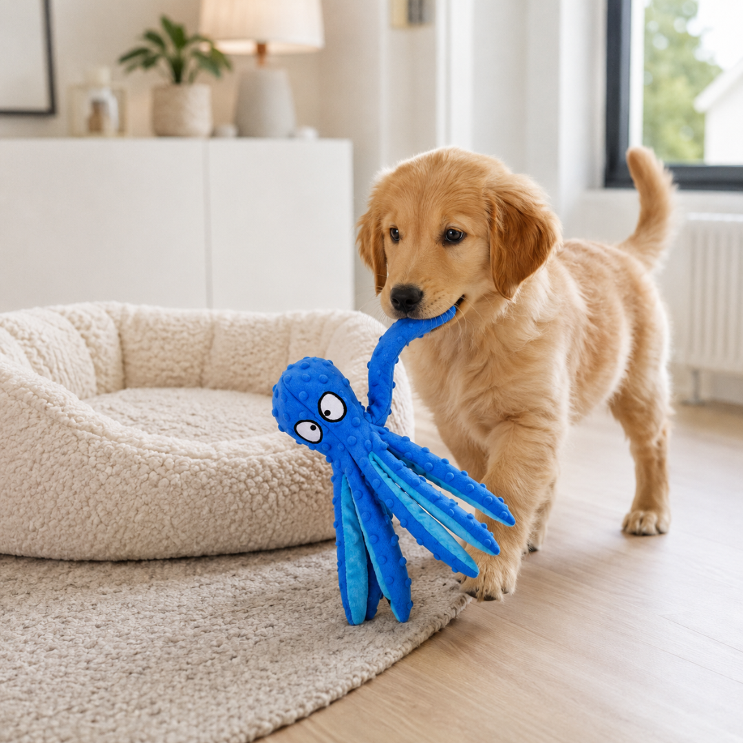 Octopus Squeaky Dog Toy with Crinkle Legs for Puppies and Small Dogs - Blue