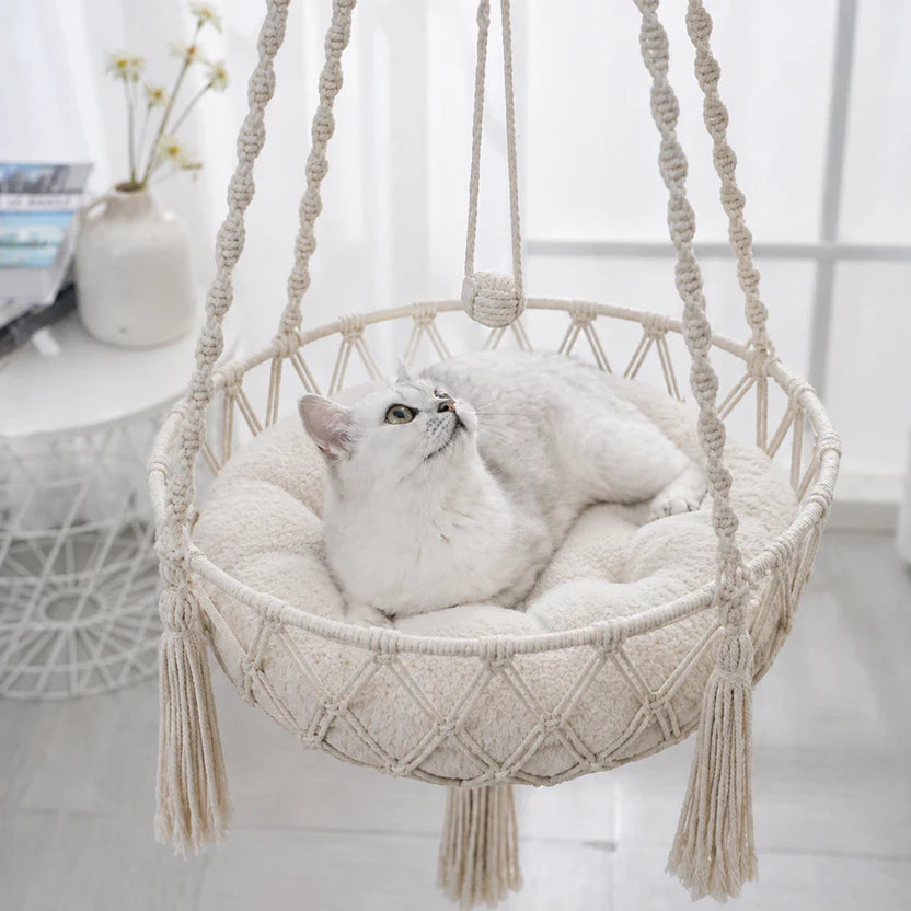 Hand Woven Cat Hanging Hammock Indoor Pet Basket with Cushion