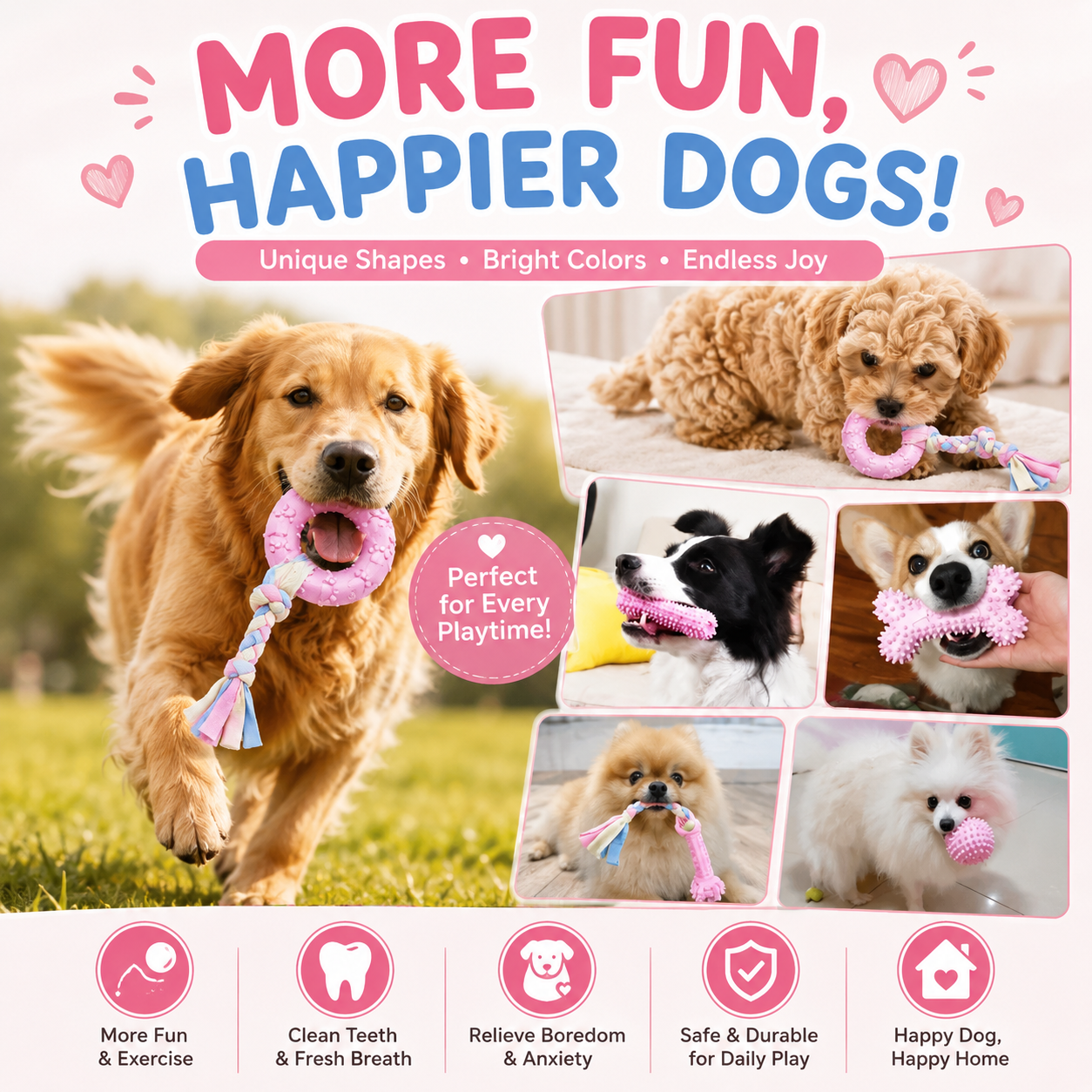 6 PCS Rubber Chew and Play Toys  - Pink Set