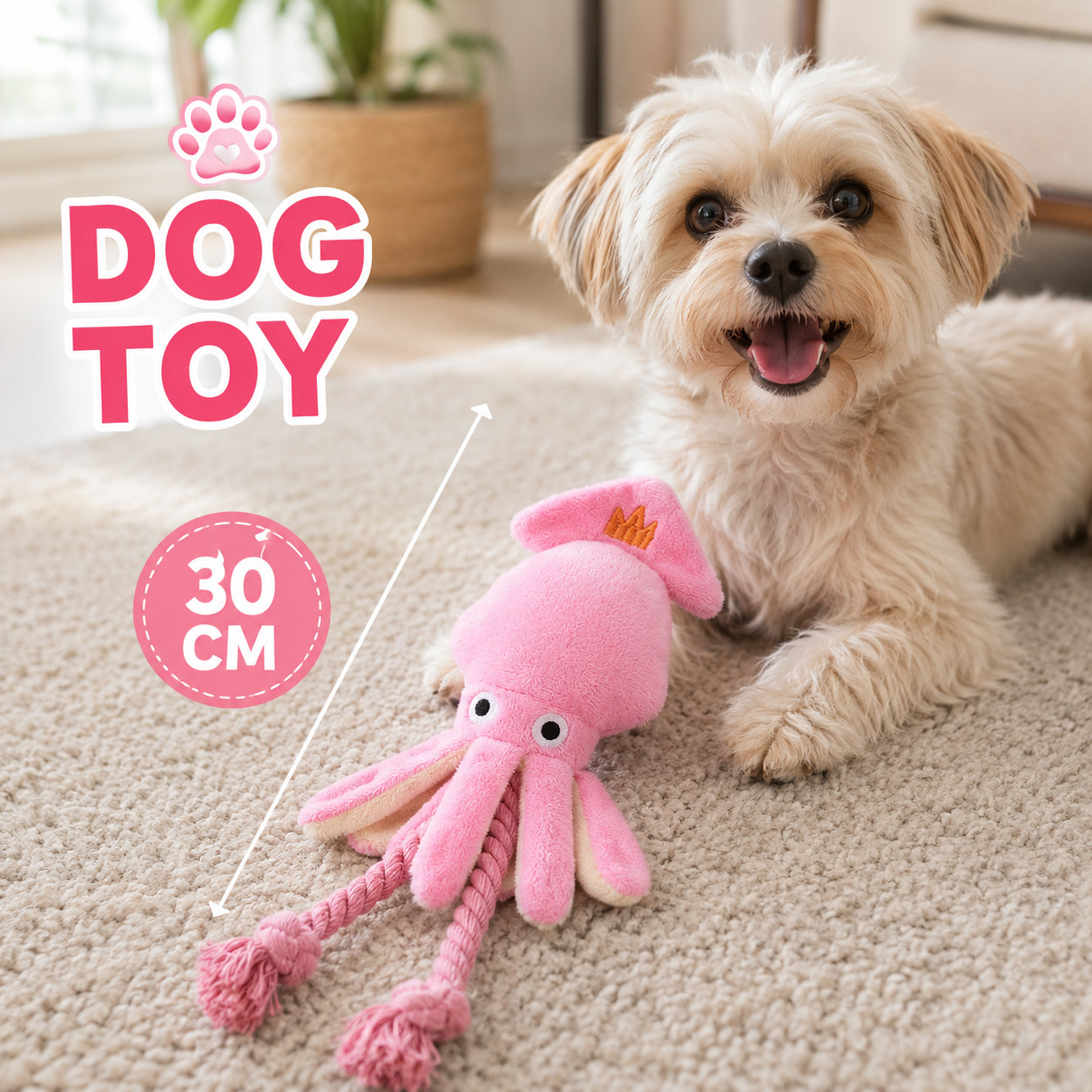Squeaky Octopus Dog Toy with Cotton Rope Interactive Chew and Play Toy for Puppies - Pink