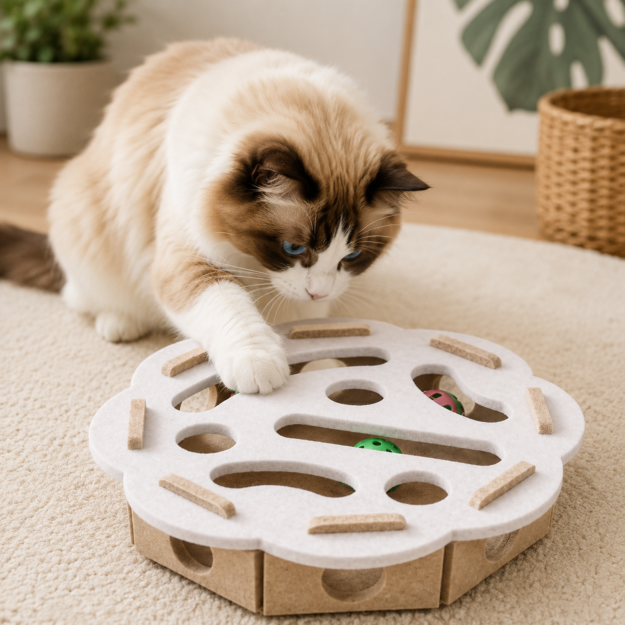 Felt Cat Maze Play Box with Bell Ball Interactive Toy for Kittens and Cats - Round White