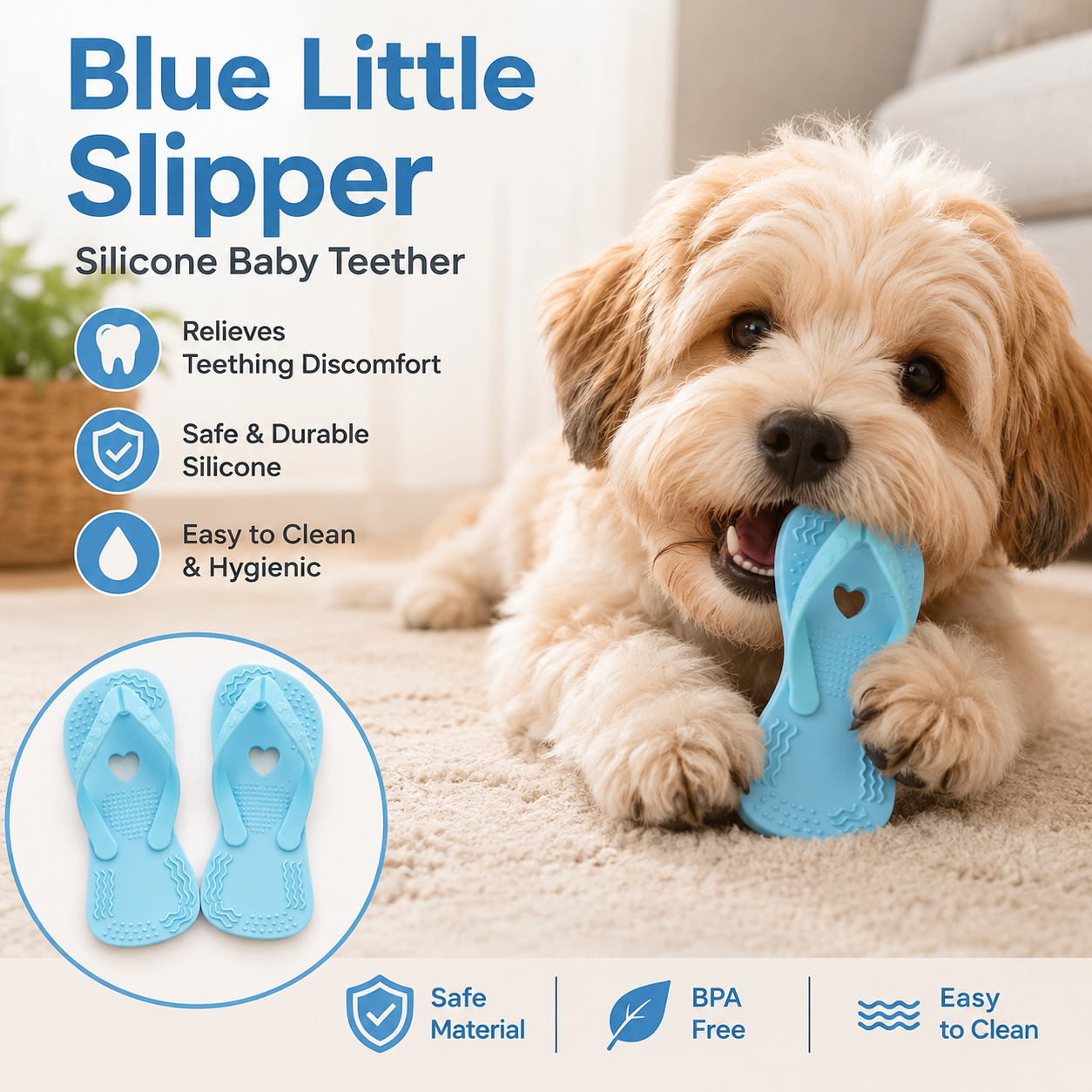 Blue Slipper Shaped Rubber Interactive Chew Toy for Puppies