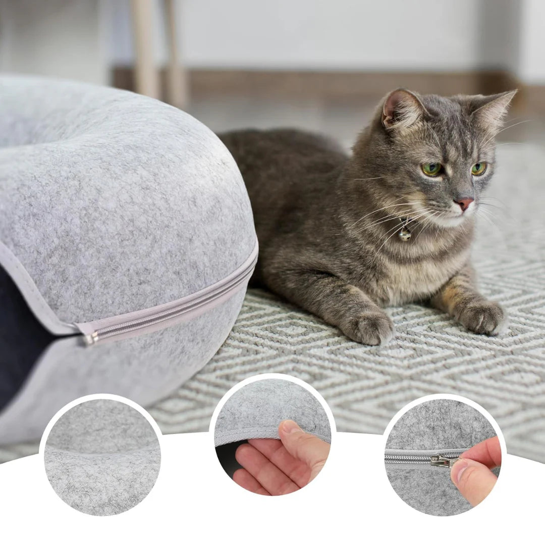 Round Felt Cat Tunnel Bed Donut Nest Cat House with Scratcher Design for Cats - Light Grey