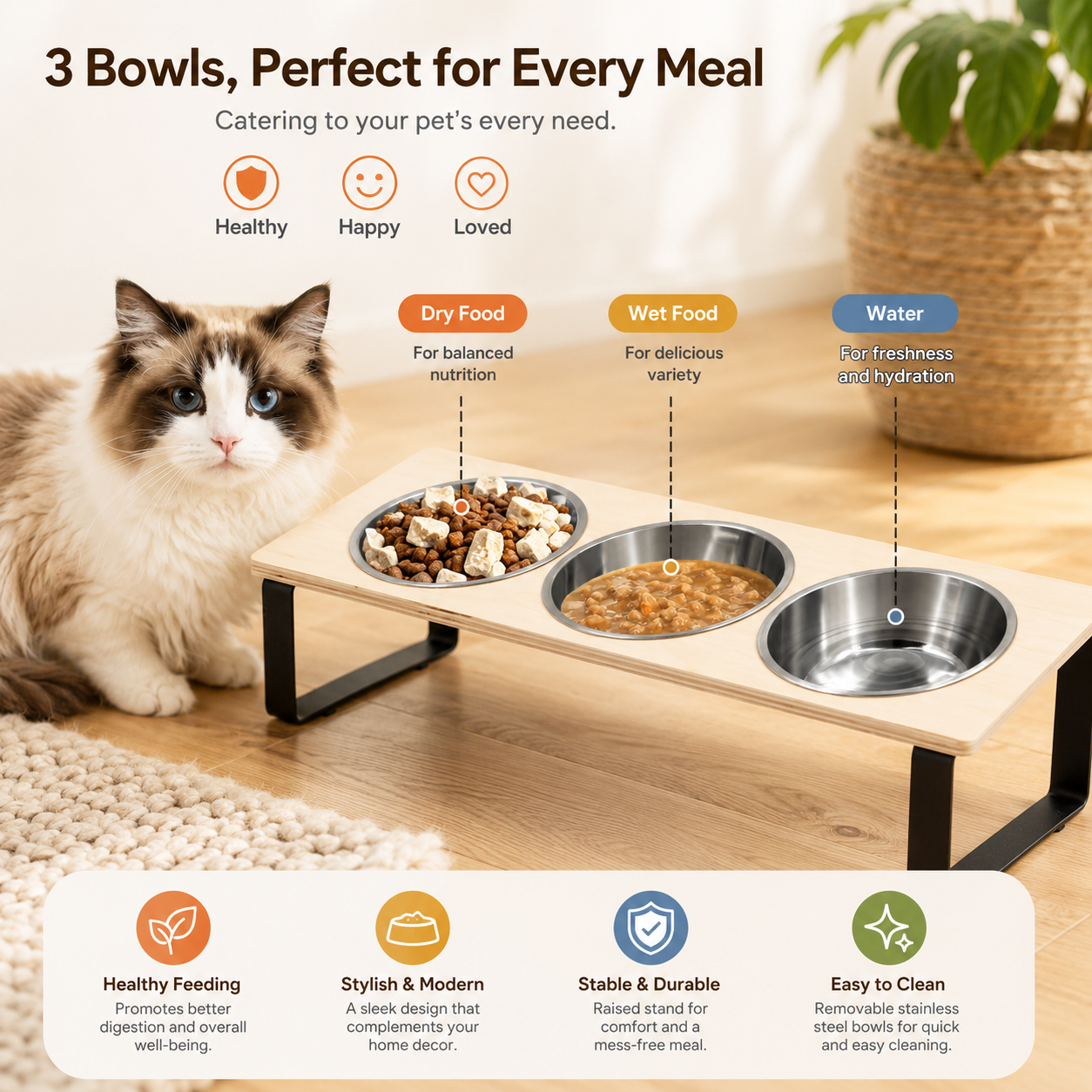 Raised Pet Feeding Stand with 3 Stainless Steel Bowls for Cats Puppies and Small Pets