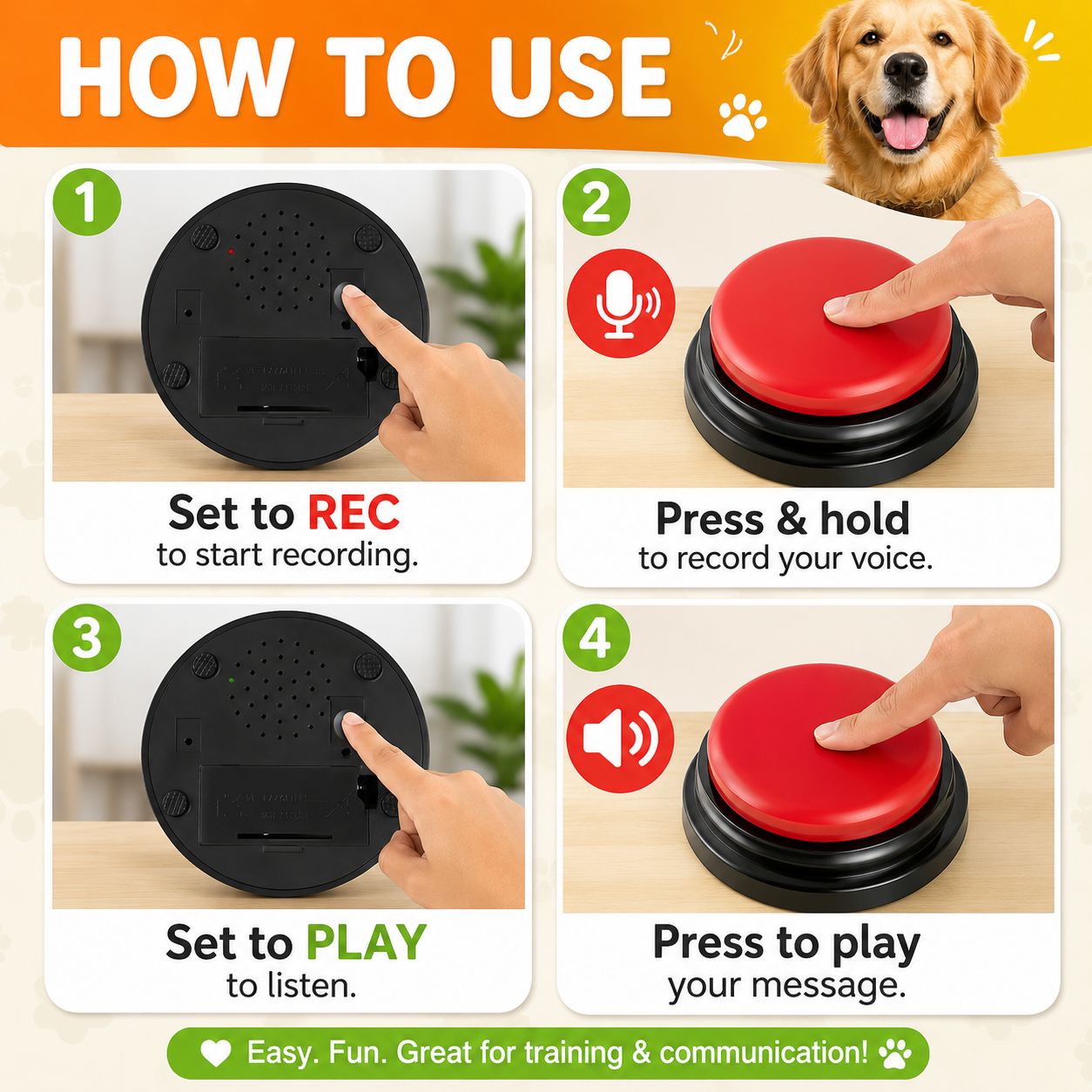 Voice Recording Button for Pet Training 30 Second Record and Playback Buzzer - 4 PCS