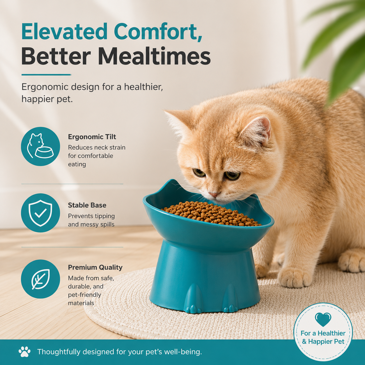 Elevated Pet Feeding Bowl for Cats Anti Tip Tilted Food and Water Dish - Teal