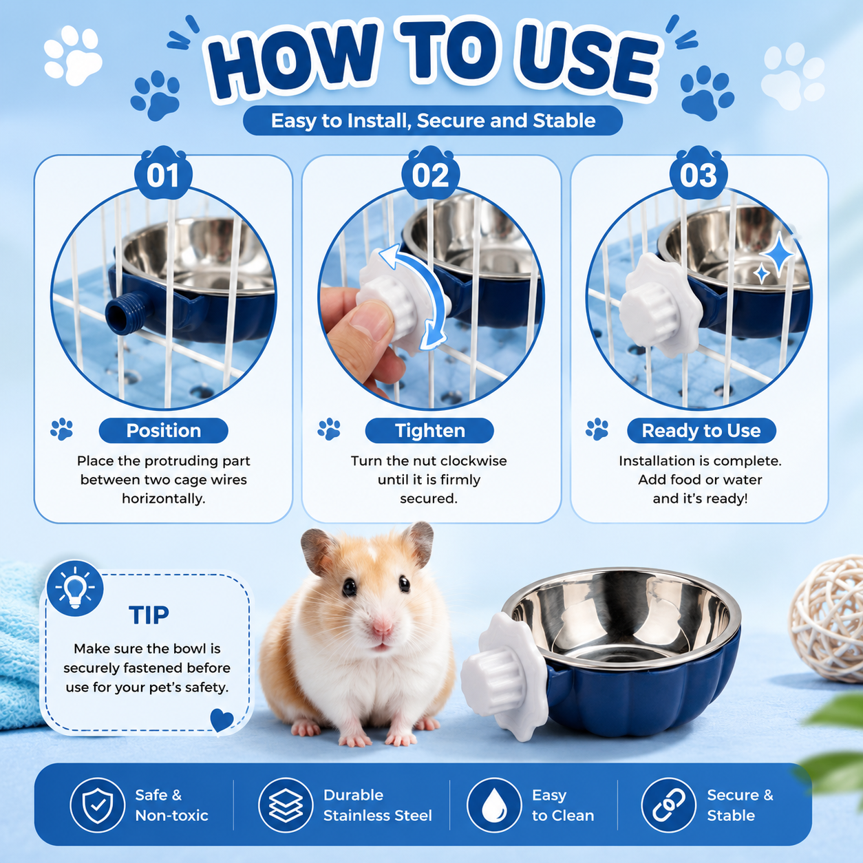 Pumpkin Shaped Hanging Pet Feeding Bowl Stainless Steel Food and Water Dish for Small Pets - Blue