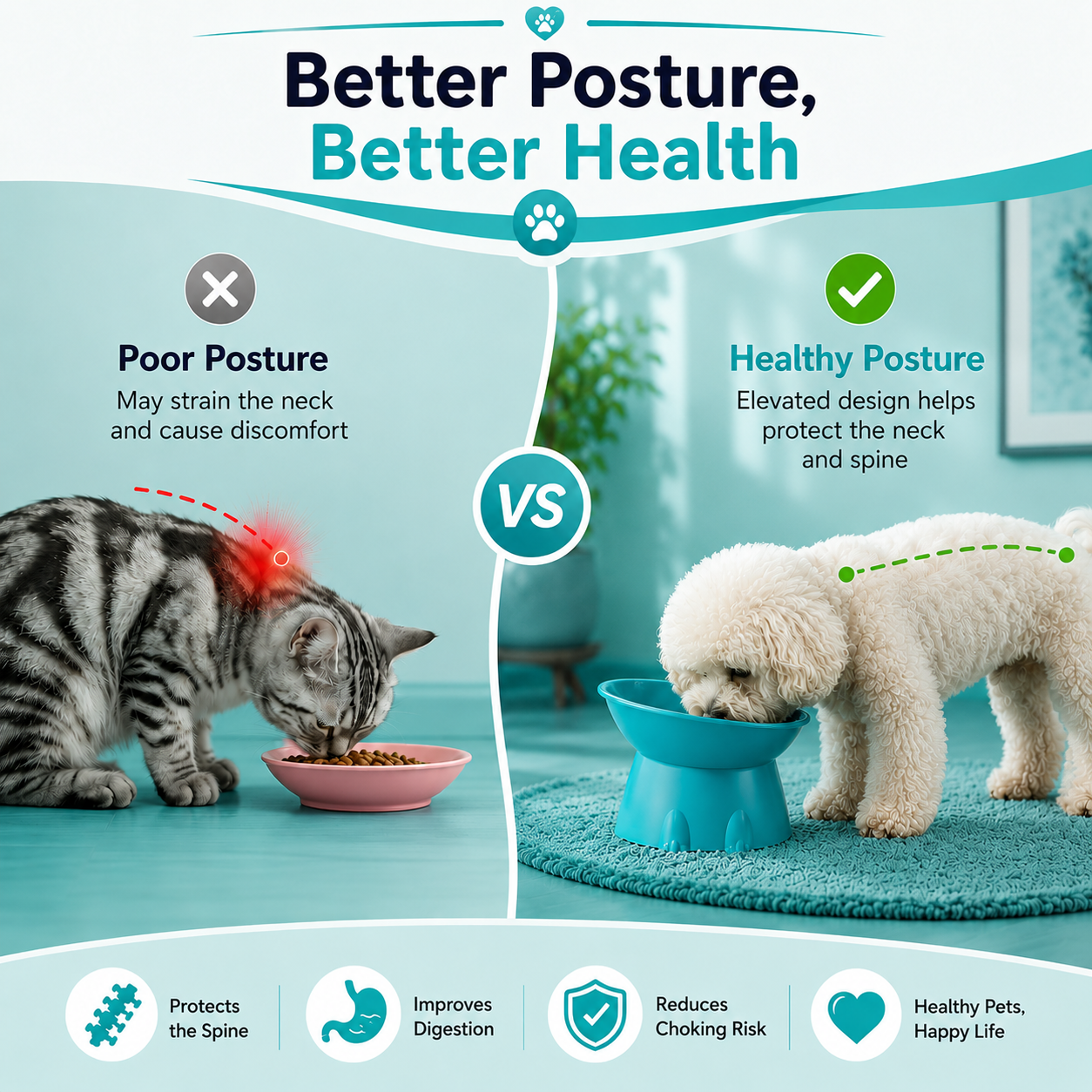 Elevated Pet Feeding Bowl for Cats Anti Tip Tilted Food and Water Dish - Teal
