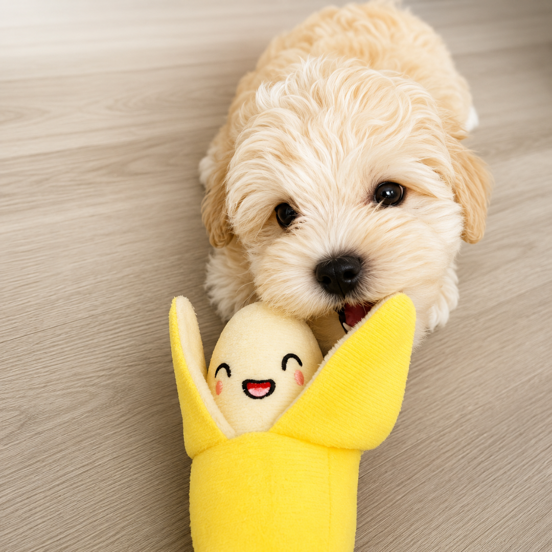 7-Piece Plush Puppy Toy Set with Squeaky Fruit and Vegetable Designs