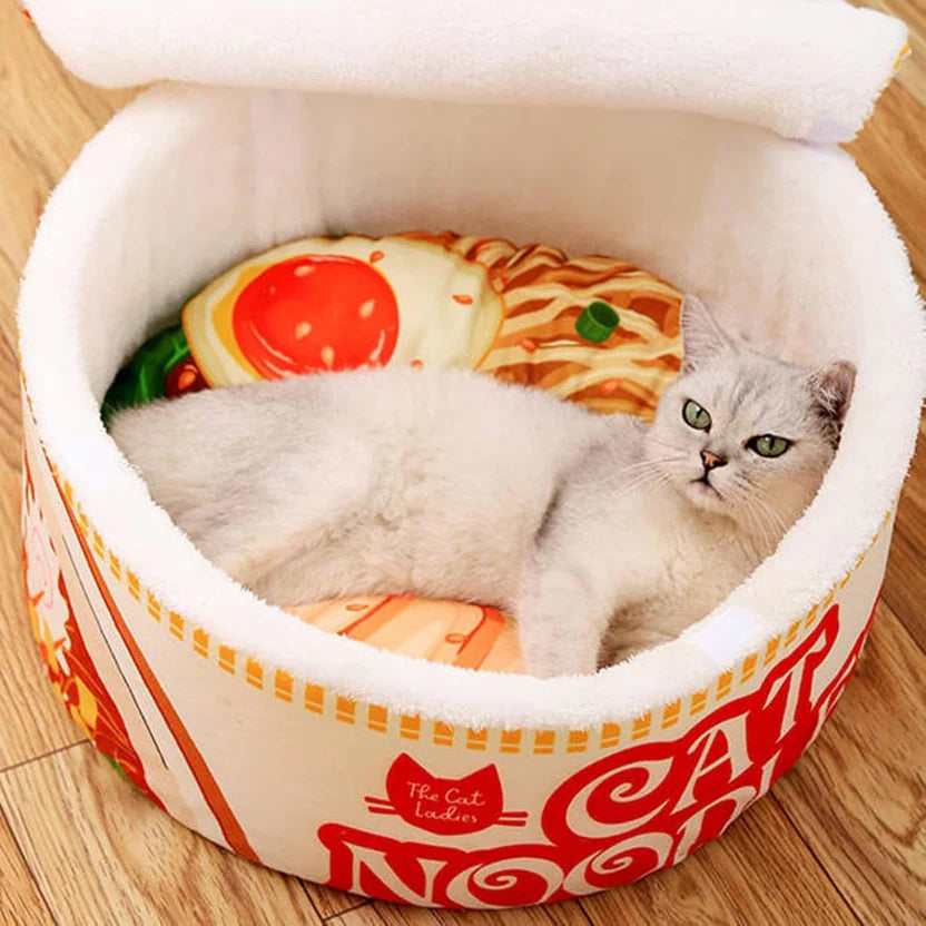 Semi Enclosed Plush Cat Bed Noodles Pet Nest with Removable Cover for Cats