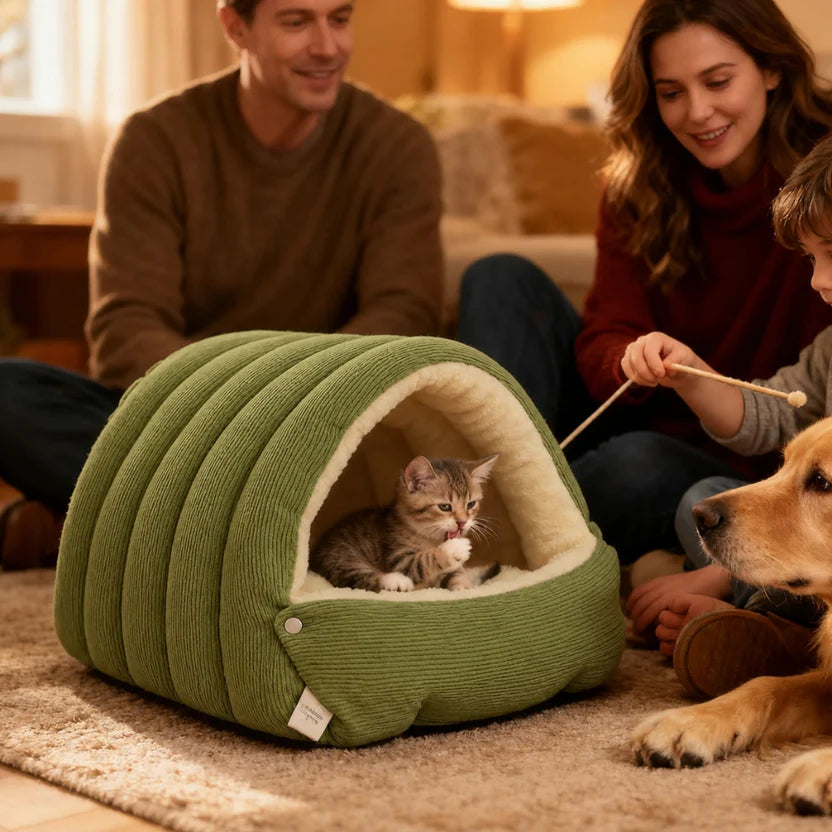 Enclosed Pet Bed Plush Cat Nest Soft Cushion House for Cats and Small Dogs - Green