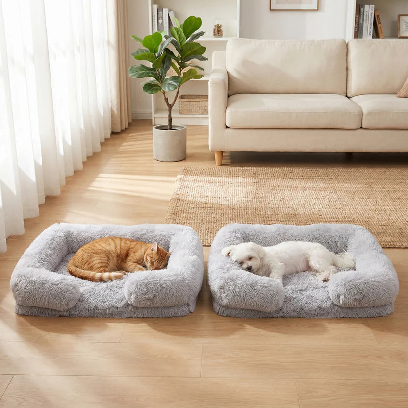 Plush Pet Sofa Bed Square Cushion Removable Mat for Cats and Dogs - Light Grey