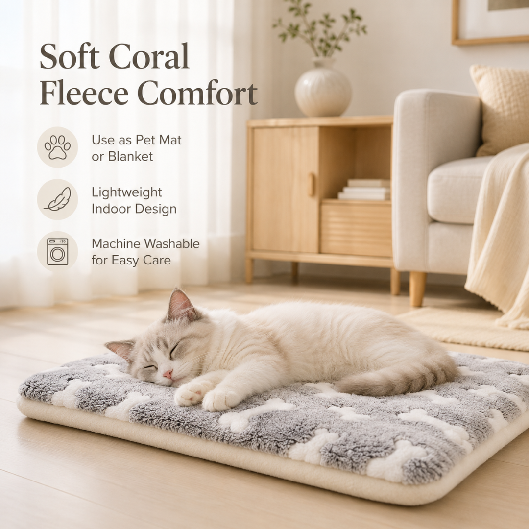 Washable Pet Blanket Mat Printed Coral Fleece Cushion for Dogs and Cats - Light Grey