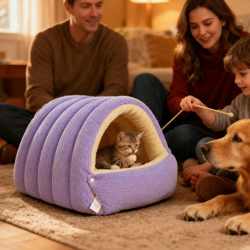 Soft Plush Cat Cave Bed Enclosed Pet Nest Cushion for Cats and Small Dogs - Purple