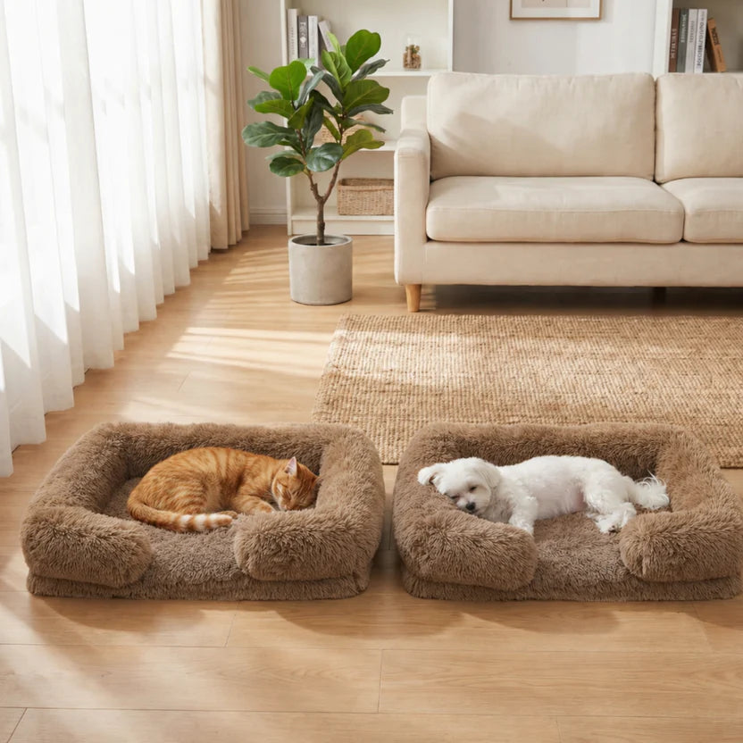Square Pet Cushion Bed Thick Plush Sofa Style Mat for Indoor Cats and Dogs - Khaki