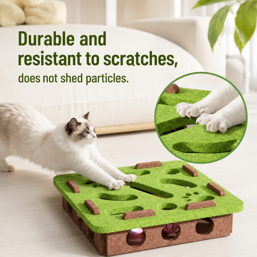 Interactive Felt Cat Puzzle Box Toy with Bell Ball and Maze Play Design - Square Green