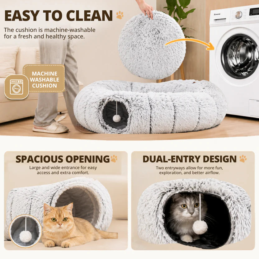 Plush Cat Tunnel Bed 2-in-1 Foldable Round Pet Nest for Indoor Cats - Light Grey