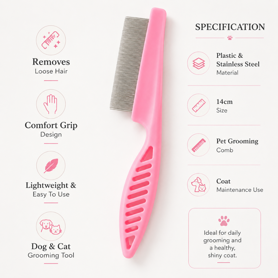 Pet Flea and Grooming Comb Stainless Steel Hair Shedding Brush for Dogs and Cats - Pink