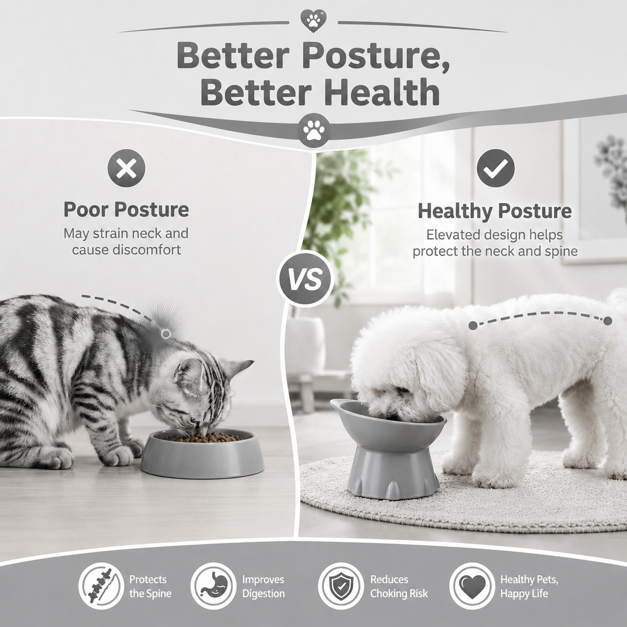 Raised Cat Feeding Bowl Tilted Pet Food and Water Dish Anti Tip Design - Grey
