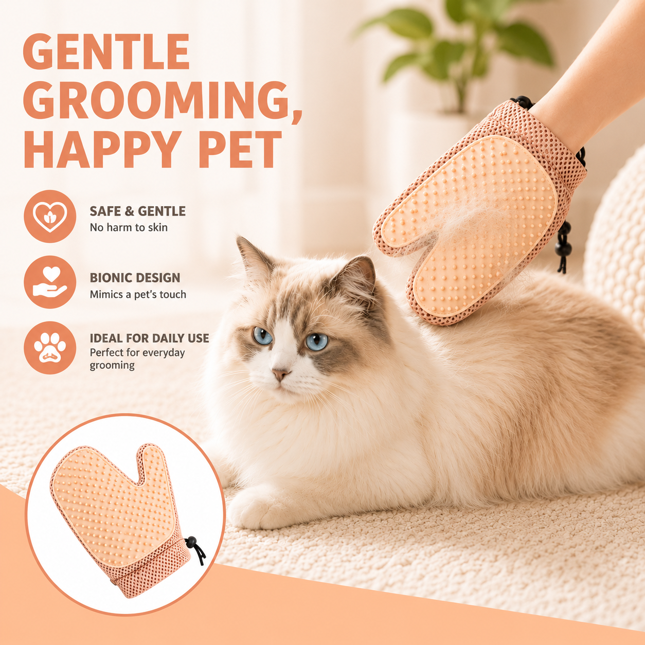 Pet Grooming Glove Double Sided Hair Remover and Massage Brush for Dogs and Cats - Peach Pink