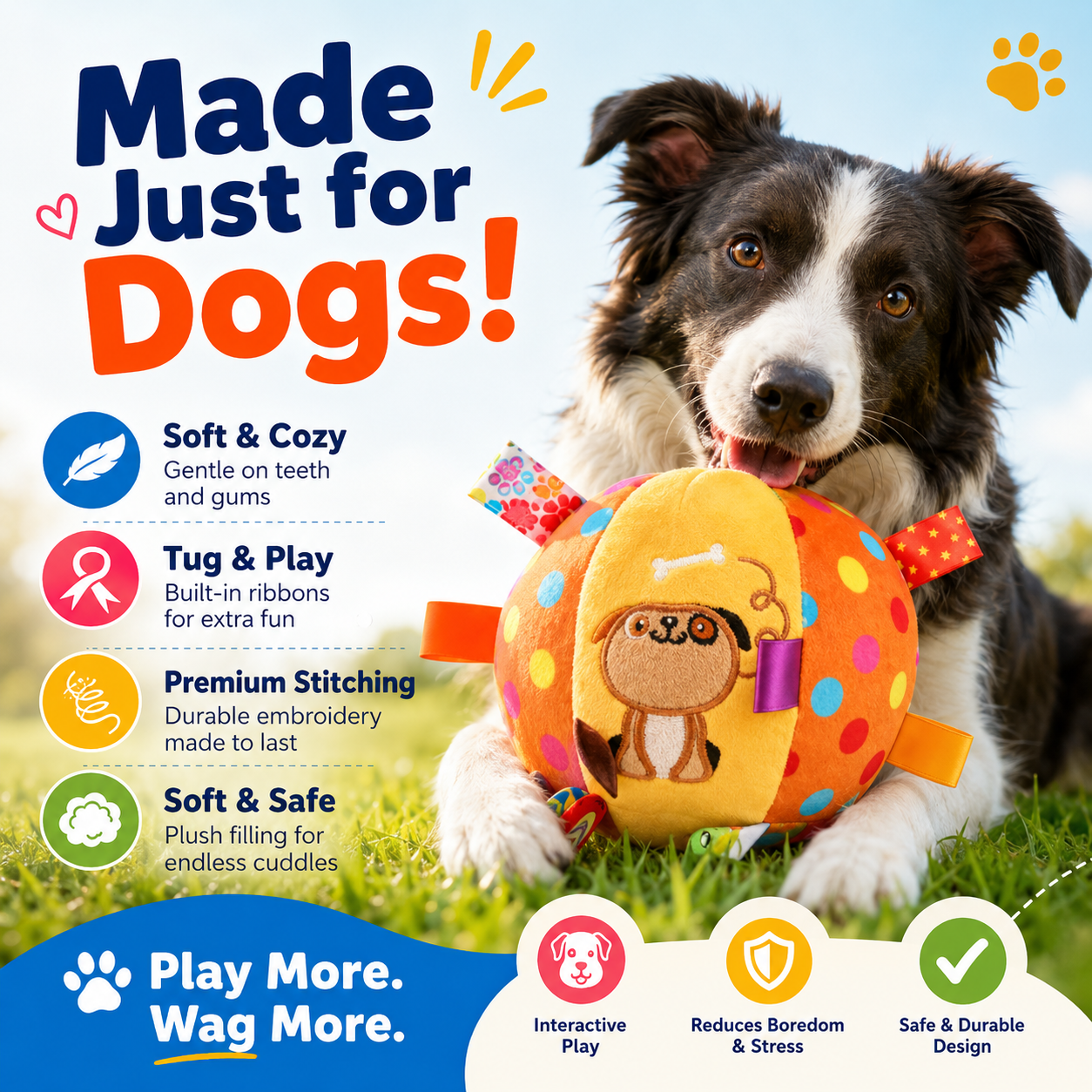 Interactive Plush Dog Ball Toy with Handle and Bell for Indoor and Outdoor Play