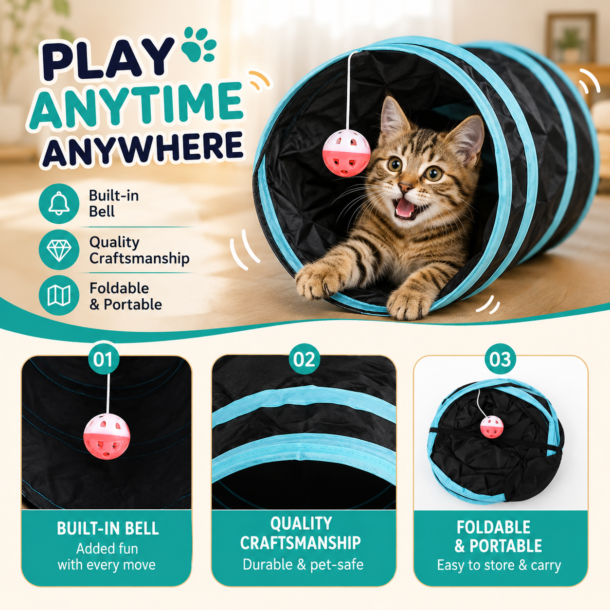 Pet Play Tunnel T Shape Foldable Cat Activity Tunnel for Cats Kittens and Small Pets