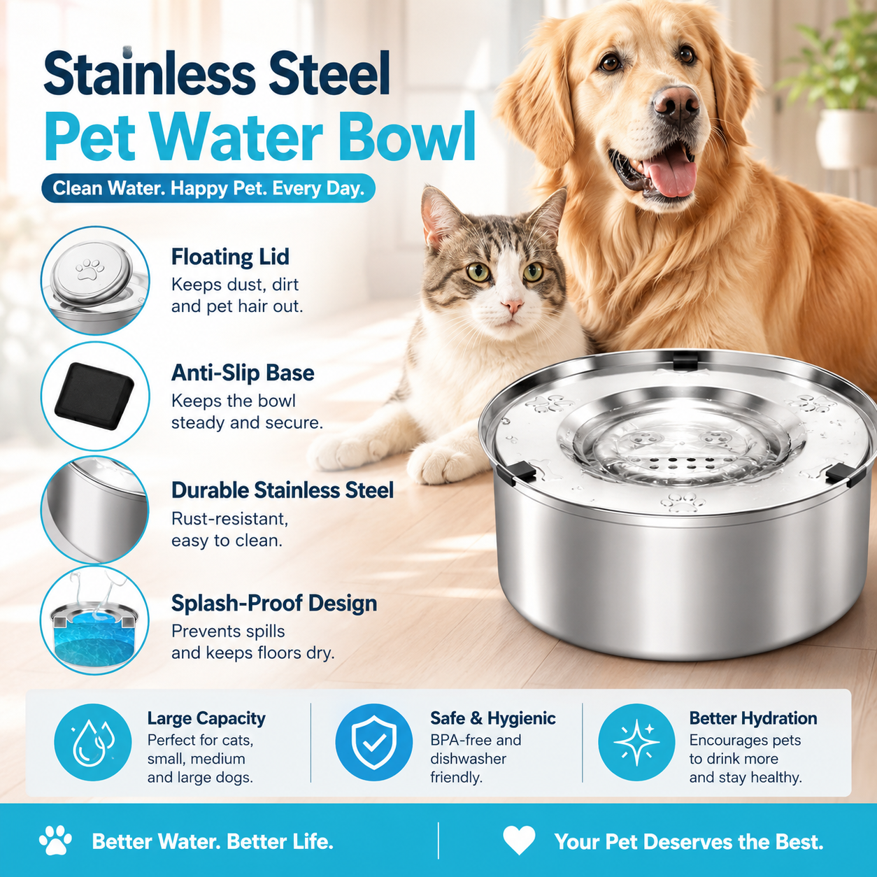 1L Stainless Steel Pet Water Bowl Anti Splash Floating Dish for Dogs and Cats