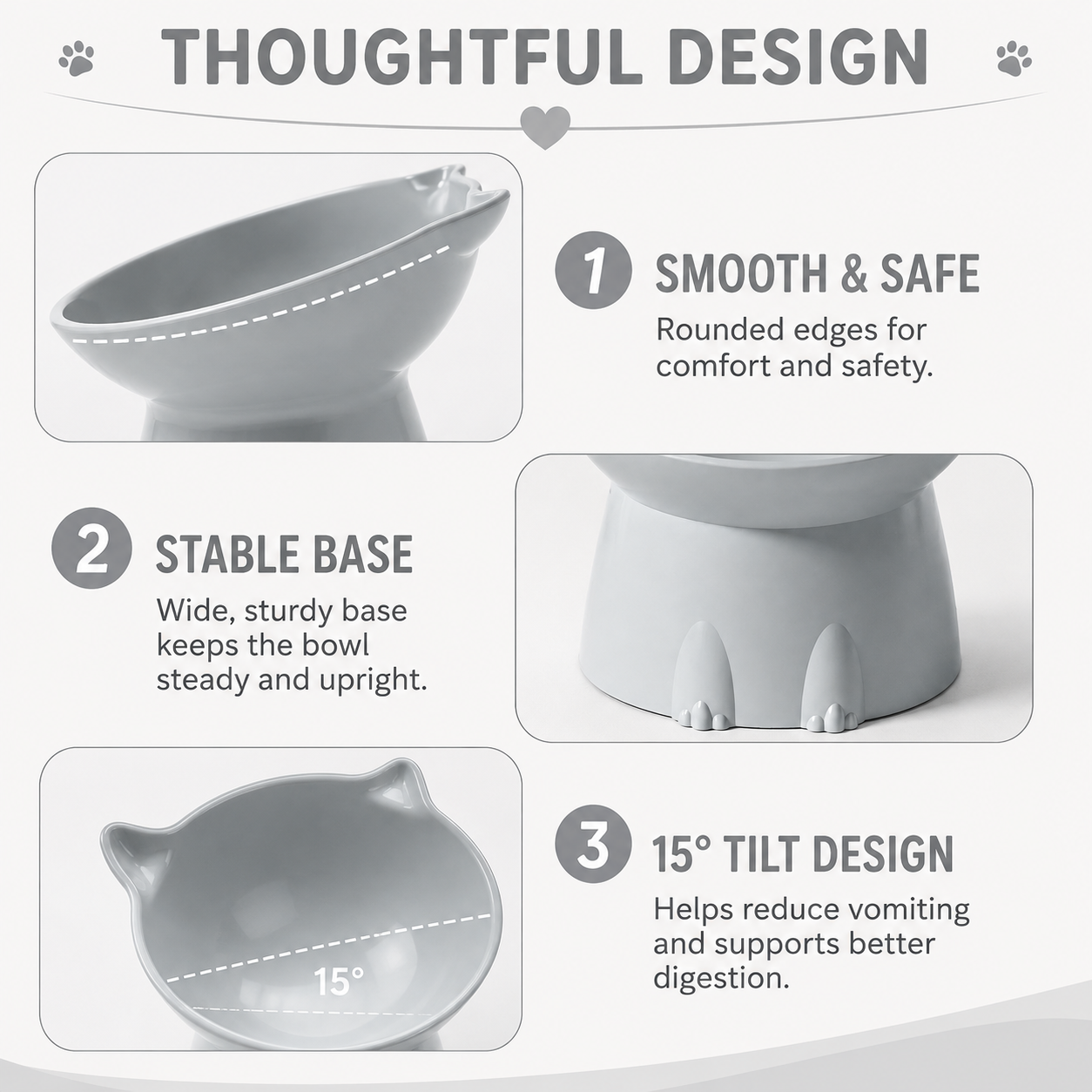 Raised Cat Feeding Bowl Tilted Pet Food and Water Dish Anti Tip Design - Grey