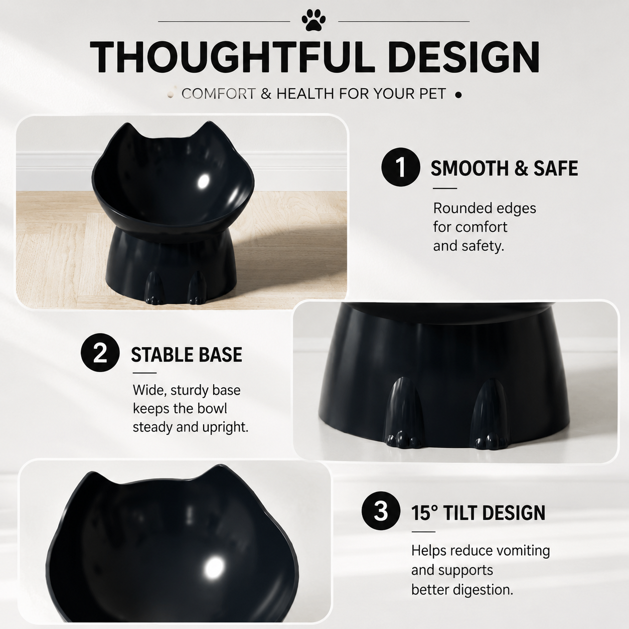 Elevated Pet Food Bowl Anti Tip Cat Feeding Dish with Stable Base - Black