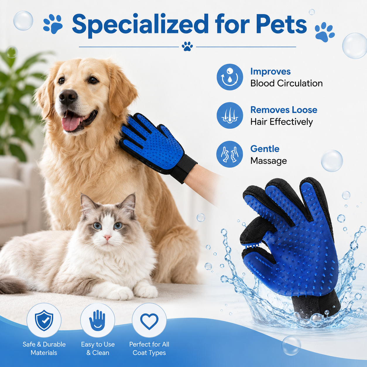 Pet Grooming Glove Hair Removal Brush for Cats Dogs and Small Animals
