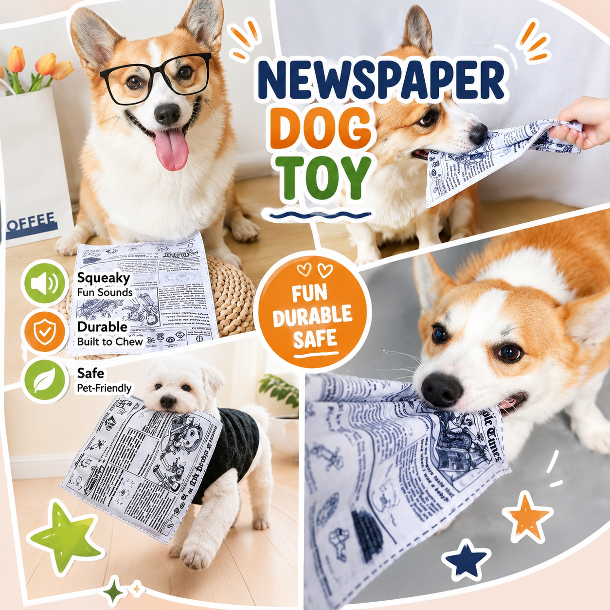 Interactive Newspaper Dog Toy with Squeaker Plush Play Toy for Small and Medium Dogs