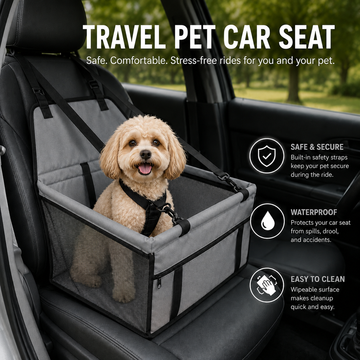 Stable Foldable Pet Car Seat Cover for Dogs and Cats - Grey
