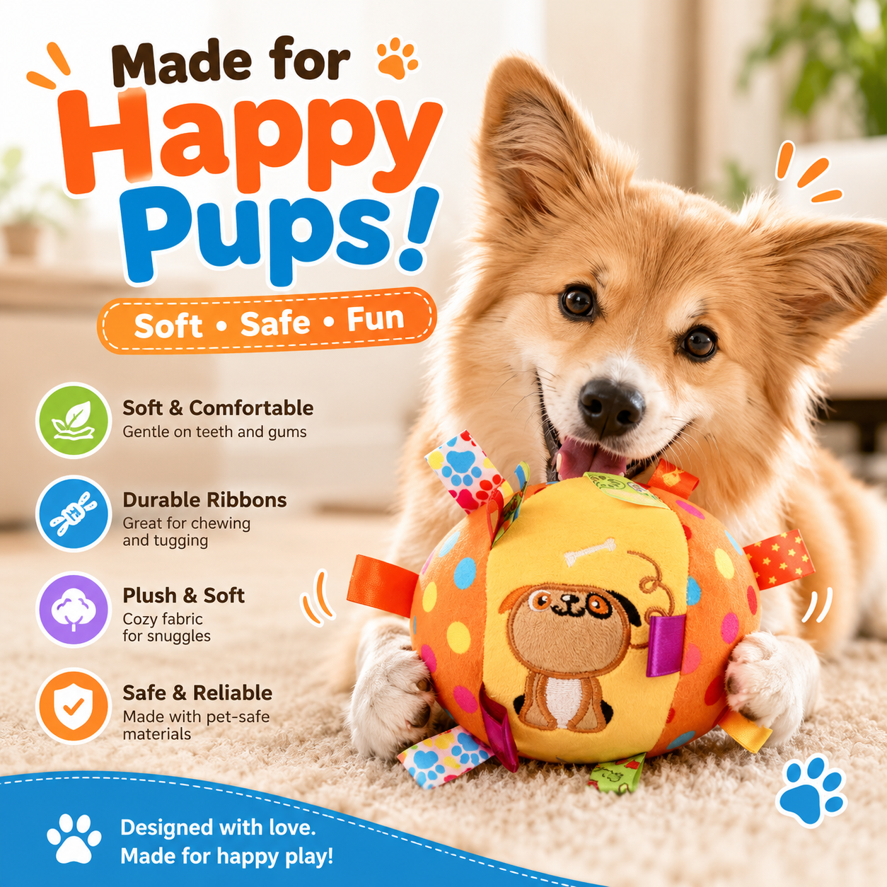 Interactive Plush Dog Ball Toy with Handle and Bell for Indoor and Outdoor Play