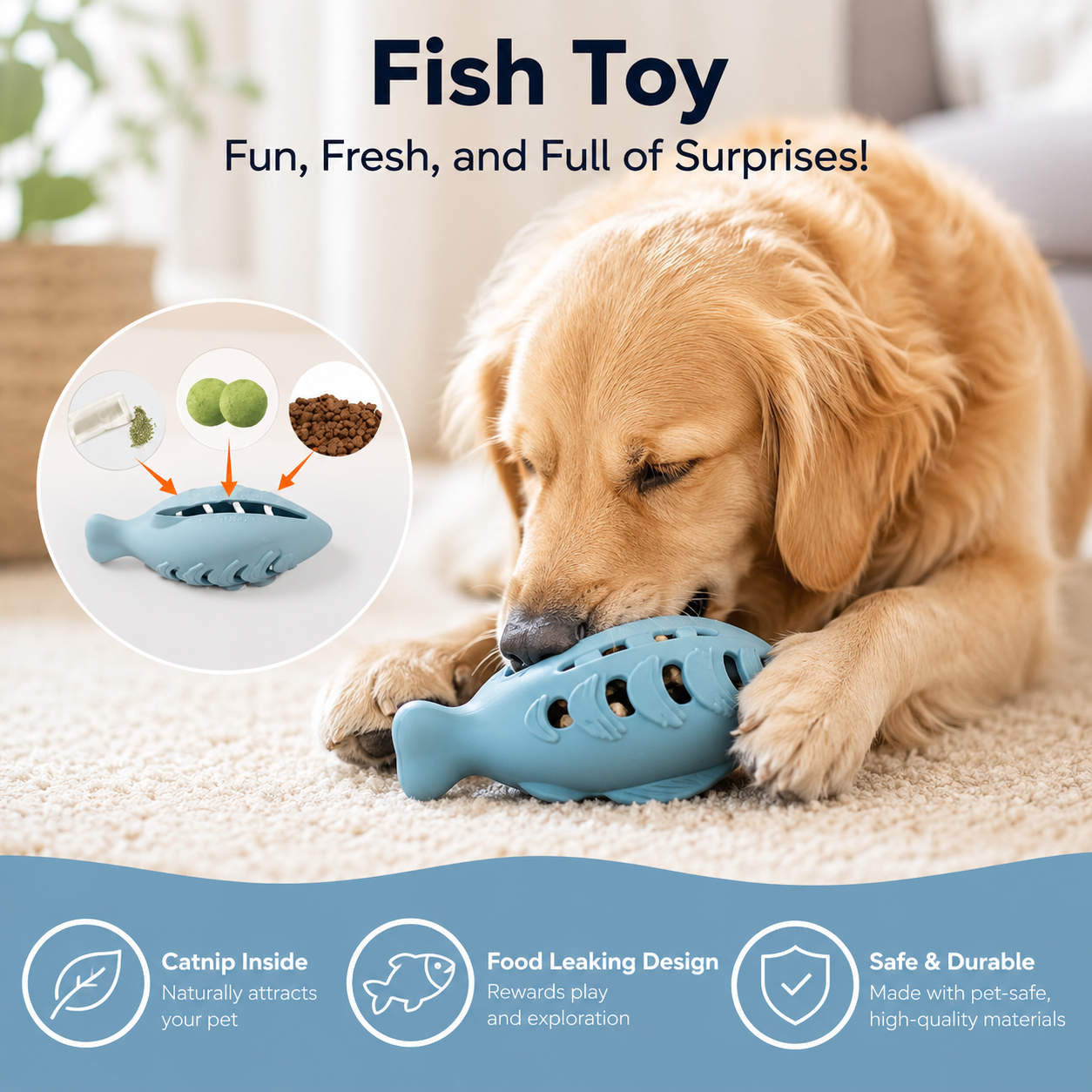 Blue Fish Treat Dispensing Silicone Interactive Food Toy for Cats