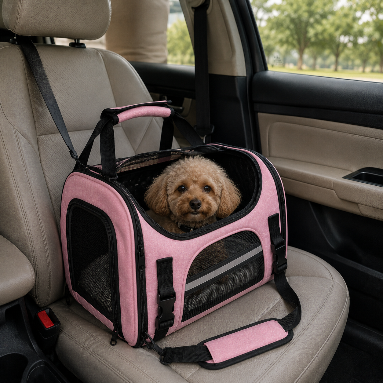 Soft Pet Carrier Bag for Cats and Dogs with Travel Mat Foldable Portable Design - Pink