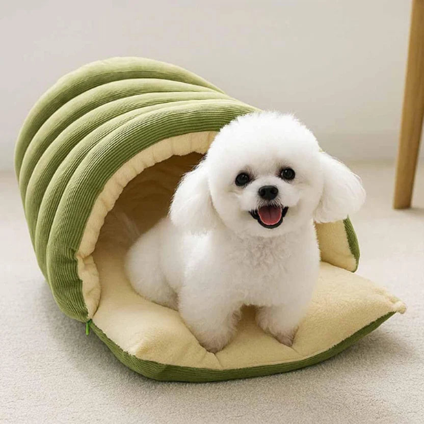 Enclosed Pet Bed Plush Cat Nest Soft Cushion House for Cats and Small Dogs - Green